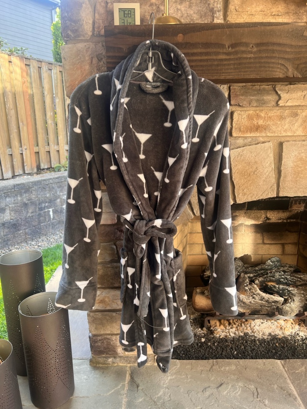 PJ Salvage Plush Grey Robe with White Martini Glass Print Medium